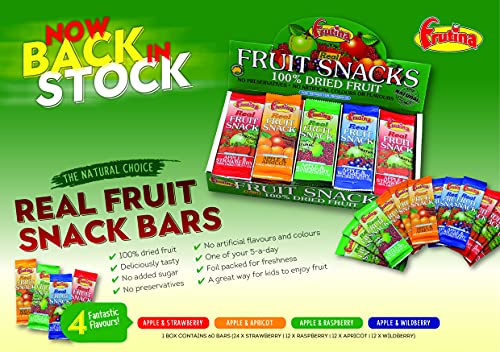 Frutina Real Fruit Snack Variety Box 15 g (Pack of 60) 100% fruit / Health snack for kids. Great for lunch boxes, Ideal snack for sports, gyms and for runners looking for a pure healthy, nutritious, snack with nothing but fruit in them. Great source of natural energy.