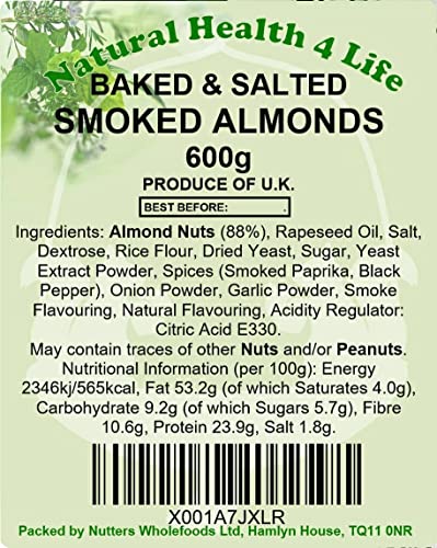 Natural Health 4 Life Snack Nut Baked and Salted Smoked Flavoured Almond Nuts 600 g in Recyclable Gift Jar with Screw Lid (1 Jar)