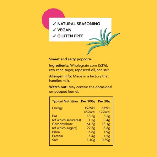 PROPERCORN Sweet & Salty Popcorn, Natural Sea Salt and Demerara Sugar Seasoning, Vegetarian, Gluten-Free, Hand-Popped Corn, 135 kcal, 30g, Pack of 24