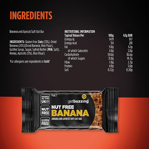 Getbuzzing Nut Free Oat Flapjack - Healthy Snack & Energy Bars - Running, Gym, Cycling Energy - Made in The UK - Banana Pack of 20