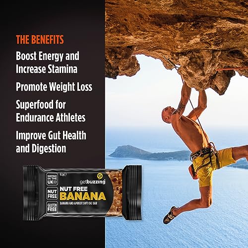 Getbuzzing Nut Free Oat Flapjack - Healthy Snack & Energy Bars - Running, Gym, Cycling Energy - Made in The UK - Banana Pack of 20
