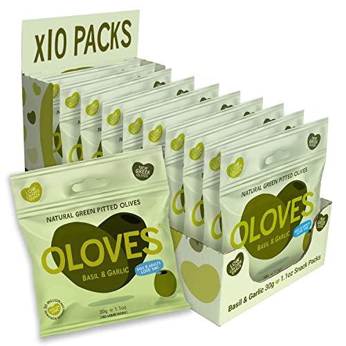 Oloves - Fresh Basil and Garlic, Green Pitted Olives - 10 x 30g Multipacks - 100% Natural, Vegan Friendly, Gluten-Free, Keto Friendly Olive Snack for a Lunchtime Health Kick