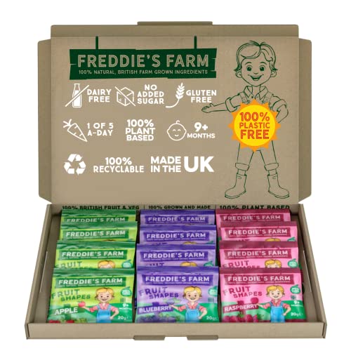 Freddie’s Farm Kids Snacks | Lunchbox Snacks Multipack - Raspberry, Blueberry, Apple Fruit Shapes | 100% Fruit & Veg | Healthy Snacks For Kids | Plastic Free, Recyclable & Made in the UK | 12 x 20g