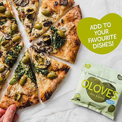 Oloves - Fresh Basil and Garlic, Green Pitted Olives - 10 x 30g Multipacks - 100% Natural, Vegan Friendly, Gluten-Free, Keto Friendly Olive Snack for a Lunchtime Health Kick
