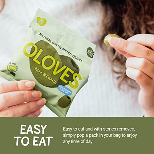Oloves - Fresh Basil and Garlic, Green Pitted Olives - 10 x 30g Multipacks - 100% Natural, Vegan Friendly, Gluten-Free, Keto Friendly Olive Snack for a Lunchtime Health Kick