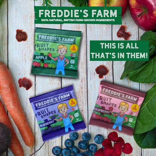 Freddie’s Farm Kids Snacks | Lunchbox Snacks Multipack - Raspberry, Blueberry, Apple Fruit Shapes | 100% Fruit & Veg | Healthy Snacks For Kids | Plastic Free, Recyclable & Made in the UK | 12 x 20g