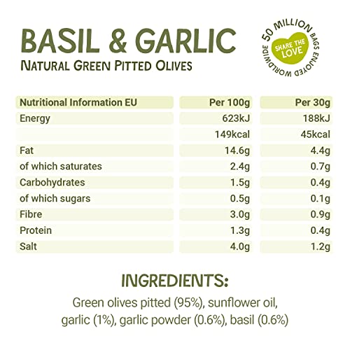 Oloves - Fresh Basil and Garlic, Green Pitted Olives - 10 x 30g Multipacks - 100% Natural, Vegan Friendly, Gluten-Free, Keto Friendly Olive Snack for a Lunchtime Health Kick