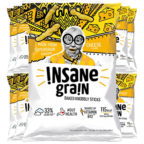 INSANE GRAIN – Healthy Lower in Fat Crisps – Vegetarian & Gluten-Free Baked Knobbly Sticks for Vitamin B12 & Gut Health – Source of Fibre - Delicious Supergrain Snacks (Cheese, 8 x 24g)