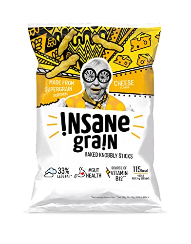 INSANE GRAIN – Healthy Lower in Fat Crisps – Vegetarian & Gluten-Free Baked Knobbly Sticks for Vitamin B12 & Gut Health – Source of Fibre - Delicious Supergrain Snacks (Cheese, 8 x 24g)