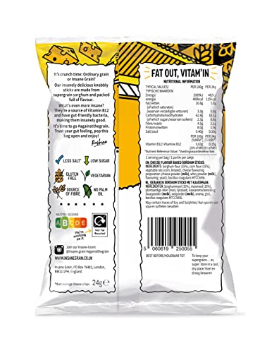 INSANE GRAIN – Healthy Lower in Fat Crisps – Vegetarian & Gluten-Free Baked Knobbly Sticks for Vitamin B12 & Gut Health – Source of Fibre - Delicious Supergrain Snacks (Cheese, 8 x 24g)