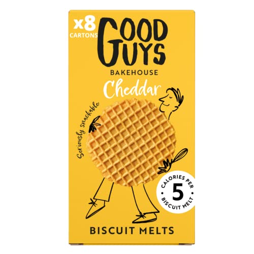 Good Guys 8xPacks. Real Cheddar, 60% Less Fat. Tasty, Melty, Low Calorie Snacks Biscuits. Healthy Cheddars cheese crackers. 8x50g packs - 39 biscuits per pack