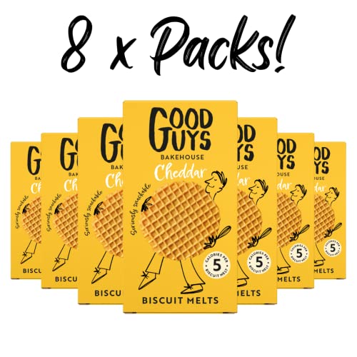 Good Guys 8xPacks. Real Cheddar, 60% Less Fat. Tasty, Melty, Low Calorie Snacks Biscuits. Healthy Cheddars cheese crackers. 8x50g packs - 39 biscuits per pack
