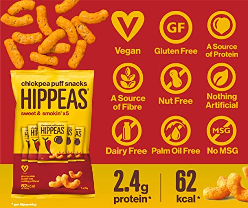 HIPPEAS Smoky Paprika Chickpea Puff Vegan Crisps | 50 x 15g Packets | Plant-Based, Source of Protein & Fibre | Free from Gluten & Artificial Flavours | Light & Crunchy - 62 calories per serving