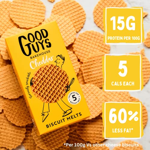 Good Guys 8xPacks. Real Cheddar, 60% Less Fat. Tasty, Melty, Low Calorie Snacks Biscuits. Healthy Cheddars cheese crackers. 8x50g packs - 39 biscuits per pack