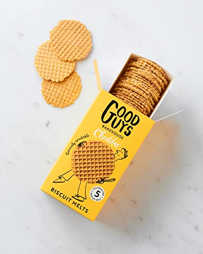 Good Guys 8xPacks. Real Cheddar, 60% Less Fat. Tasty, Melty, Low Calorie Snacks Biscuits. Healthy Cheddars cheese crackers. 8x50g packs - 39 biscuits per pack