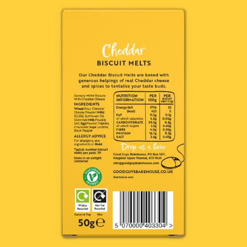 Good Guys 8xPacks. Real Cheddar, 60% Less Fat. Tasty, Melty, Low Calorie Snacks Biscuits. Healthy Cheddars cheese crackers. 8x50g packs - 39 biscuits per pack