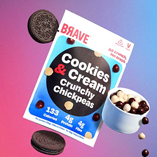 BRAVE Roasted Chickpeas: Cookies & Cream - Protein Snacks, Healthy Snacks, Vegan, High Protein, Low Calorie, Low Sugar, Kids Snack, High Fibre, Plant Based, Sweet, Multipack - 12 x 30g Packs