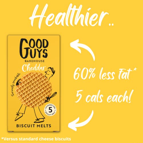 Good Guys 8xPacks. Real Cheddar, 60% Less Fat. Tasty, Melty, Low Calorie Snacks Biscuits. Healthy Cheddars cheese crackers. 8x50g packs - 39 biscuits per pack