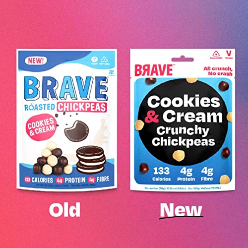 BRAVE Roasted Chickpeas: Cookies & Cream - Protein Snacks, Healthy Snacks, Vegan, High Protein, Low Calorie, Low Sugar, Kids Snack, High Fibre, Plant Based, Sweet, Multipack - 12 x 30g Packs