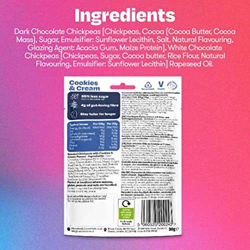 BRAVE Roasted Chickpeas: Cookies & Cream - Protein Snacks, Healthy Snacks, Vegan, High Protein, Low Calorie, Low Sugar, Kids Snack, High Fibre, Plant Based, Sweet, Multipack - 12 x 30g Packs