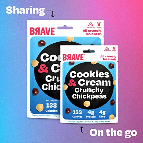 BRAVE Roasted Chickpeas: Cookies & Cream - Protein Snacks, Healthy Snacks, Vegan, High Protein, Low Calorie, Low Sugar, Kids Snack, High Fibre, Plant Based, Sweet, Multipack - 12 x 30g Packs