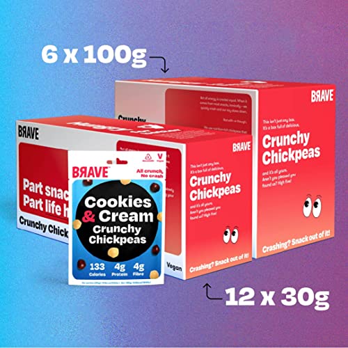 BRAVE Roasted Chickpeas: Cookies & Cream - Protein Snacks, Healthy Snacks, Vegan, High Protein, Low Calorie, Low Sugar, Kids Snack, High Fibre, Plant Based, Sweet, Multipack - 12 x 30g Packs