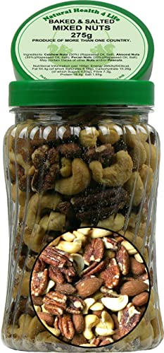 Natural Health 4 Life Snack Nut Baked and Salted Whole Mixed Nuts (Almonds, Cashews, Pecans) No Peanuts 275 g in Gift Jar with Screw Lid (1 Jar)