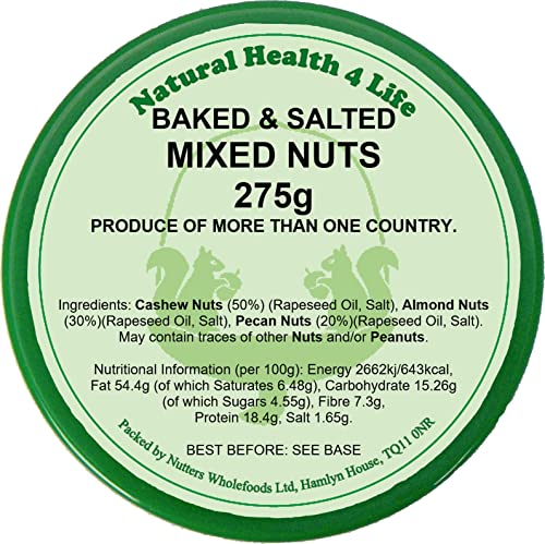 Natural Health 4 Life Snack Nut Baked and Salted Whole Mixed Nuts (Almonds, Cashews, Pecans) No Peanuts 275 g in Gift Jar with Screw Lid (1 Jar)