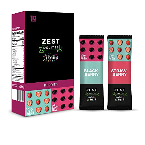 Zest Delites Fruit Roll Ups Berries, Dried Fruit Leather Sweets, Healthy Snack, 25g Pack of 10, Strawberry, Blackberry, Vegeterian Healthy Lunchbox Snacks Bulk, Fruit Bars Snacks