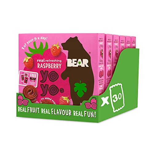 BEAR Raspberry Yoyos - Dried Fruit Rolls - Healthy Kids Snack - Vegan - (Pack of 30)20g, 6 Packs x 5 Small packs