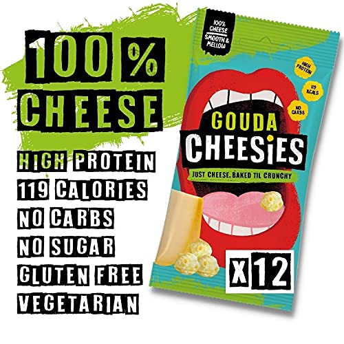 CHEESIES | Crunchy Cheese Keto Snack | Gouda | 100% Cheese | Sugar Free, Gluten Free, No Carb | High Protein and Vegetarian | Crunchy, Baked and Tasty | Multipack | 12 x 20g Bags