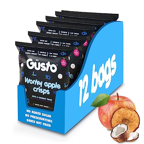GUSTO SNACKS Crunchy Apple Crisps with a Coconut Twist - Healthy Kids & Adults Fruit Snacks - 20g (12 packs)
