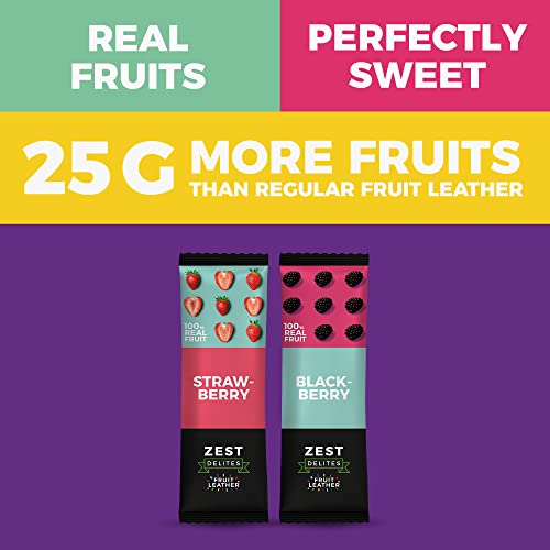 Zest Delites Fruit Roll Ups Berries, Dried Fruit Leather Sweets, Healthy Snack, 25g Pack of 10, Strawberry, Blackberry, Vegeterian Healthy Lunchbox Snacks Bulk, Fruit Bars Snacks