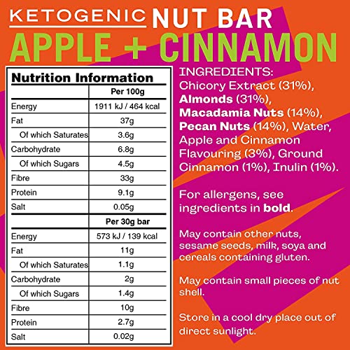 Fatt Keto Nut Bars - (Apple & Cinnamon, 4 Pack) - 2g Carbs - 100% Natural, Low-Carb, Gluten Free Clean Keto Snack Bars with Super Fats - High Fibre, Low Sugar, Sweetener Free & Vegan - Aka Fattbar