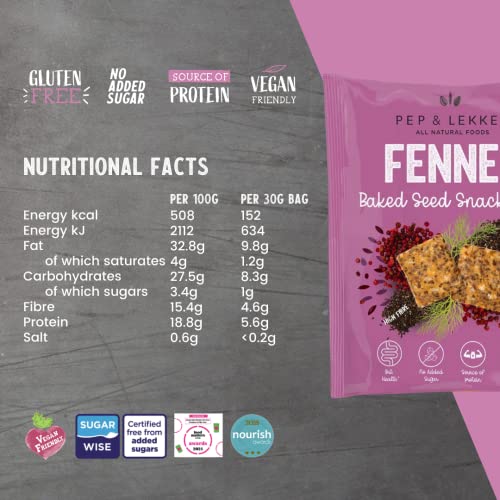 Healthy Snacks by Pep & Lekker - Baked Seed Snack Bites - Fennel (12 x 30g) - Plant-Based - Low Sugar - High Fibre - Gut Health - No Added Sugar - Vegan - Protein Source