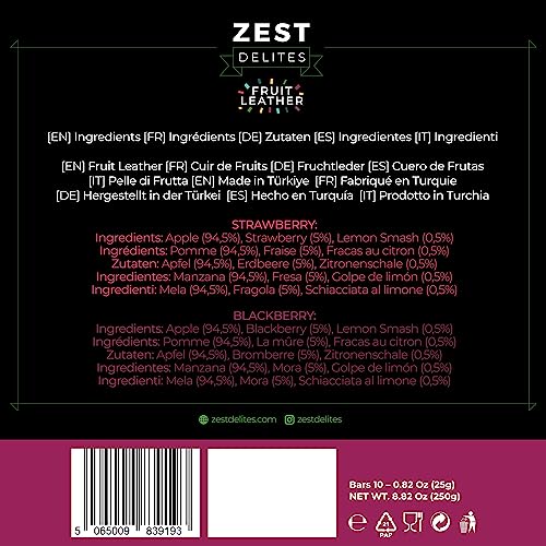 Zest Delites Fruit Roll Ups Berries, Dried Fruit Leather Sweets, Healthy Snack, 25g Pack of 10, Strawberry, Blackberry, Vegeterian Healthy Lunchbox Snacks Bulk, Fruit Bars Snacks