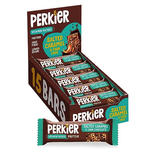 Perkier Salted Caramel & Dark Chocolate Snack Bars (15 Pack) – Vegan – Gluten Free – Protein – High Fibre – Lower Sugar - Natural Ingredients – Lower Calorie – Healthy – No Palm Oil