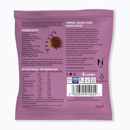 Healthy Snacks by Pep & Lekker - Baked Seed Snack Bites - Fennel (12 x 30g) - Plant-Based - Low Sugar - High Fibre - Gut Health - No Added Sugar - Vegan - Protein Source