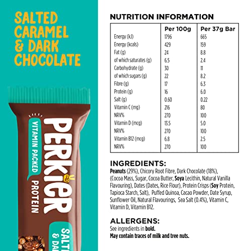 Perkier Salted Caramel & Dark Chocolate Snack Bars (15 Pack) – Vegan – Gluten Free – Protein – High Fibre – Lower Sugar - Natural Ingredients – Lower Calorie – Healthy – No Palm Oil