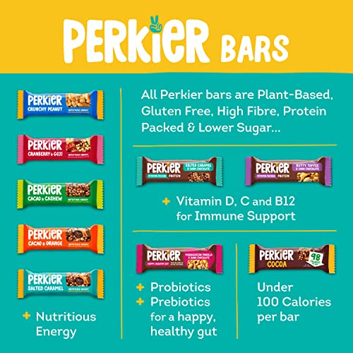 Perkier Salted Caramel & Dark Chocolate Snack Bars (15 Pack) – Vegan – Gluten Free – Protein – High Fibre – Lower Sugar - Natural Ingredients – Lower Calorie – Healthy – No Palm Oil