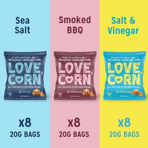 LOVE CORN Variety Pack (8x Sea Salt, 8x BBQ, 8x Salt & Vinegar 20g) – Healthy Snacks Ideal for Gluten Free & Vegan Diets – Low Sugar Alternative for Crisps, Mixed Nuts & Pretzels – Perfect To Graze On