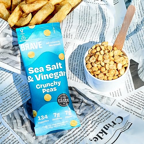 BRAVE Crunchy Peas: Sea Salt and Vinegar - Delicious Healthy Snacks - Vegan - High in Plant Protein & Fibre - Low Calorie - Plant-Based - No sugar - Box of 12 Packs (35g Each)