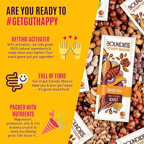 Boundless Activated Nuts and Seeds - Gut Health Mixed Nuts & Seed Mix - Smoky BBQ Sunflower Seeds, Pumpkin Seeds, Walnuts - Gluten Free Snacks Bulk, Vegan Protein Snacks, Savoury Snacks, 16 x 25g