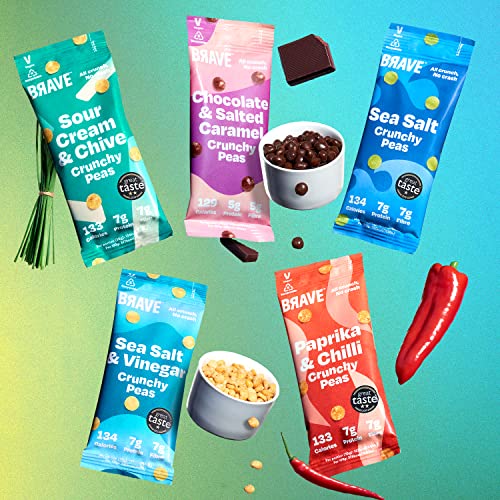 BRAVE Crunchy Peas: Sea Salt and Vinegar - Delicious Healthy Snacks - Vegan - High in Plant Protein & Fibre - Low Calorie - Plant-Based - No sugar - Box of 12 Packs (35g Each)