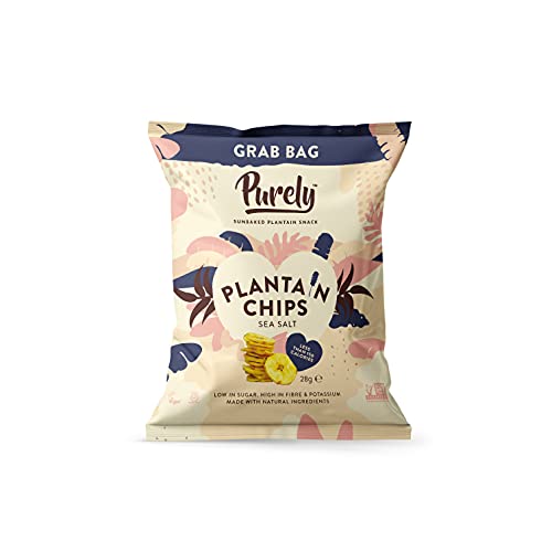 Purely Plantain Chips - Low Fat Plantain Crisps - Gluten Free Snacks - Healthy Alternative Snack Multipack - Vegan, Nutritious & All Natural - Sea Salt - 28g x 20 Pack