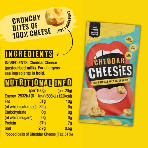 CHEESIES | Crunchy Cheese Keto Snack | Variety Pack (Selection 1) | 100% Cheese | Sugar Free, Gluten Free, No Carb | High Protein and Vegetarian | Crunchy, Baked and Tasty | Multipack | 6 x 20g Bags