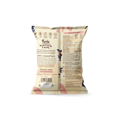 Purely Plantain Chips - Low Fat Plantain Crisps - Gluten Free Snacks - Healthy Alternative Snack Multipack - Vegan, Nutritious & All Natural - Sea Salt - 28g x 20 Pack