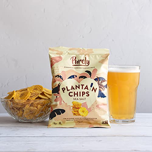 Purely Plantain Chips - Low Fat Plantain Crisps - Gluten Free Snacks - Healthy Alternative Snack Multipack - Vegan, Nutritious & All Natural - Sea Salt - 28g x 20 Pack