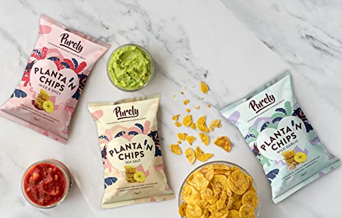 Purely Plantain Chips - Low Fat Plantain Crisps - Gluten Free Snacks - Healthy Alternative Snack Multipack - Vegan, Nutritious & All Natural - Sea Salt - 28g x 20 Pack