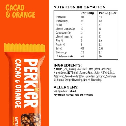 Perkier Cacao & Orange Snack Bars (18 Pack) – Vegan – Gluten Free – Protein – High Fibre – Lower Sugar - Natural Ingredients – Lower Calorie – Healthy – No Palm Oil